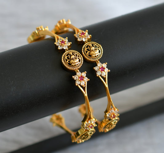 Antique Gold tone ruby-white flower lakshmi bangles(2.4) dj-48054