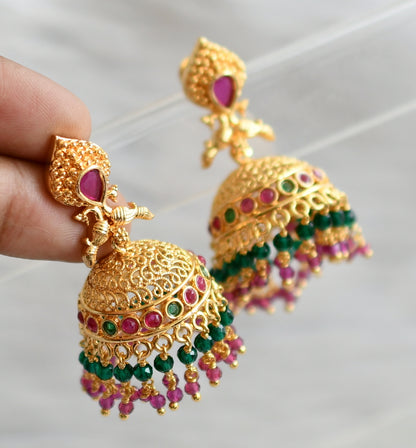 Gold tone ruby-green cluster peacock jhumkka dj-44677