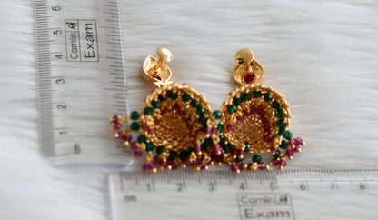 Gold tone ruby-green cluster peacock jhumkka dj-44677