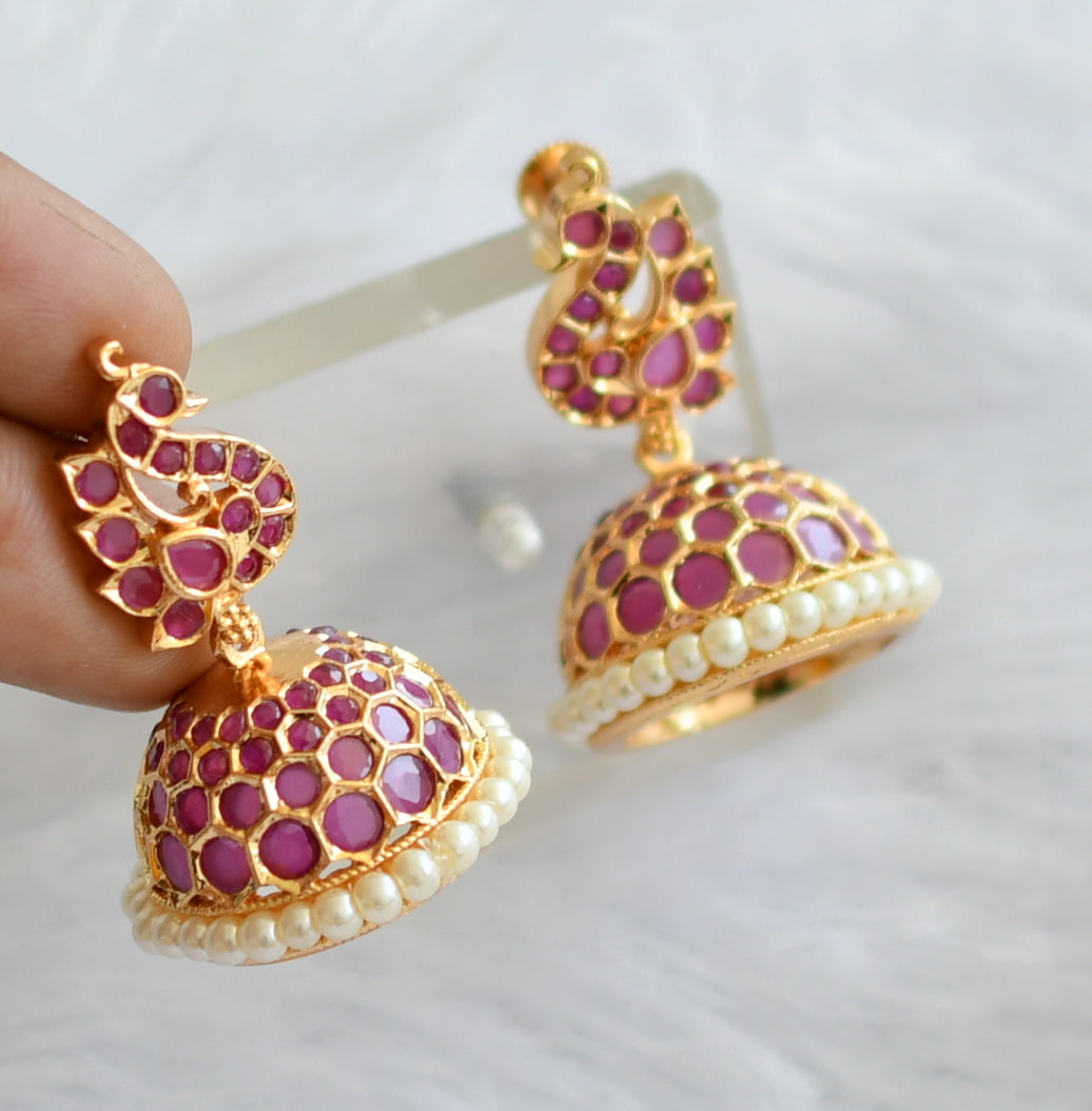 Gold tone ad ruby-pearl peacock jhumkka dj-46476