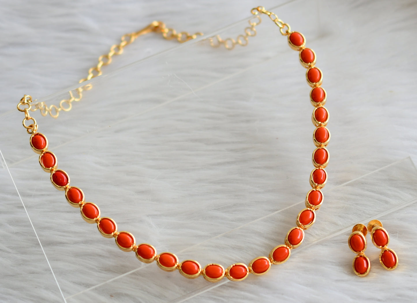 Gold tone orange oval stone necklace set dj-44680