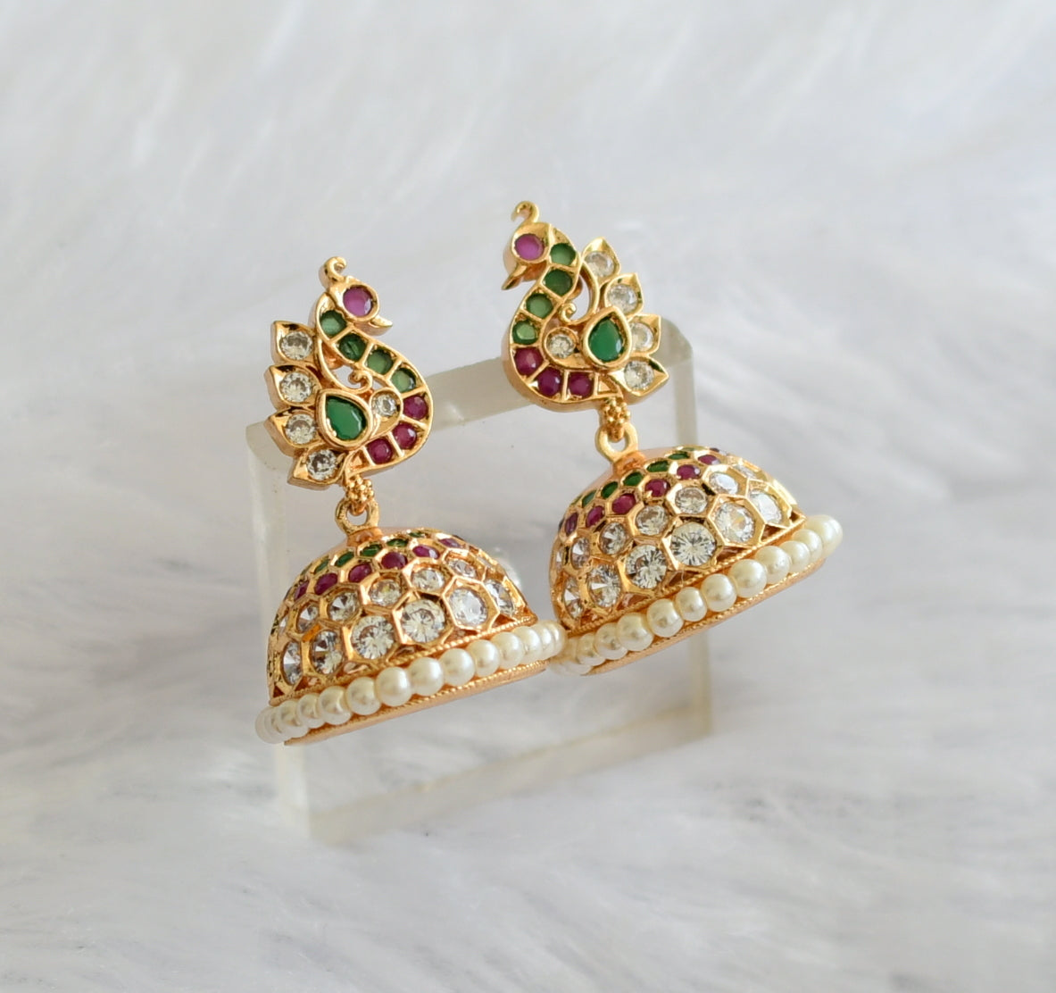 Gold tone ad ruby-green-white peacock jhumkka dj-46475