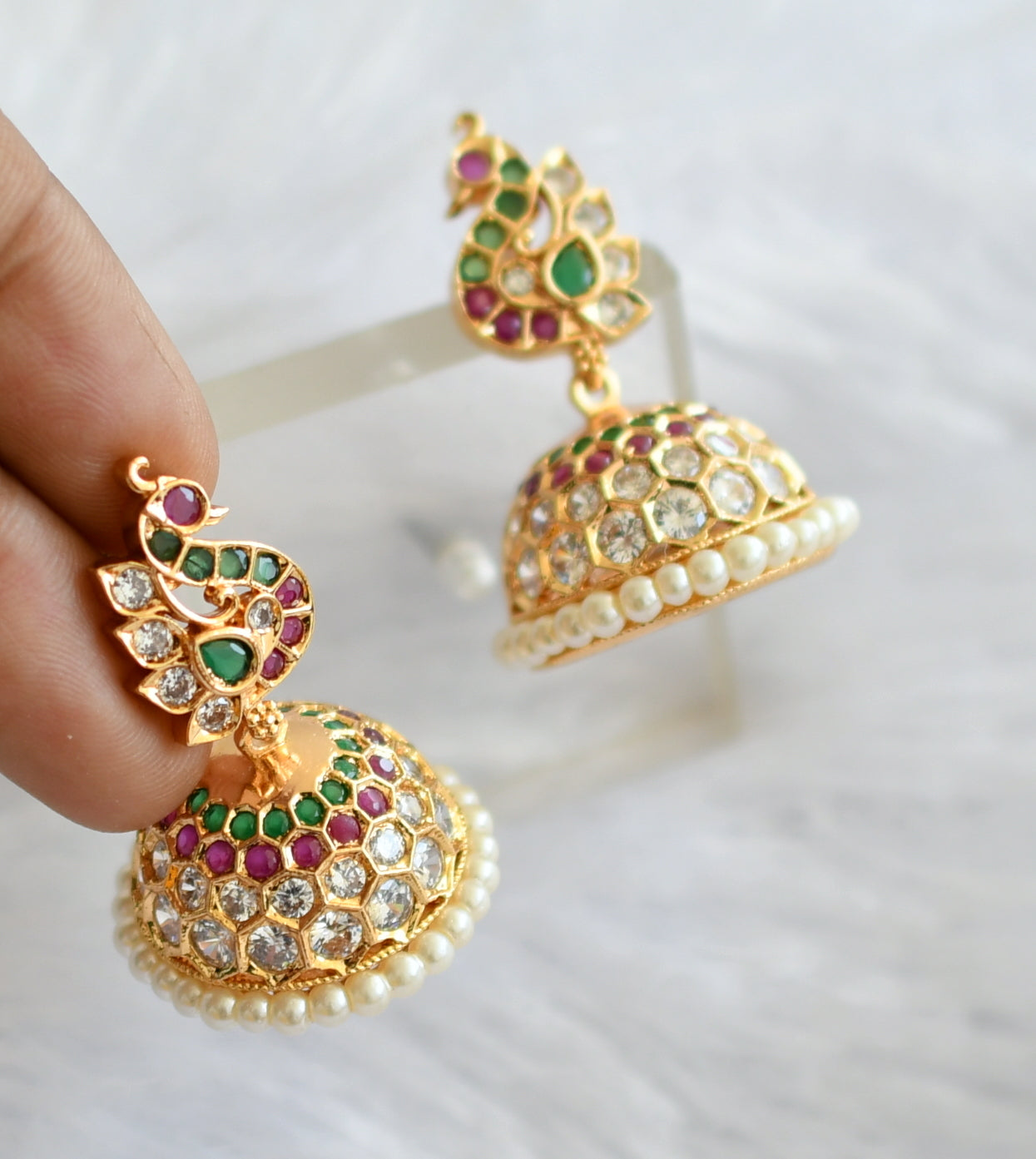 Gold tone ad ruby-green-white peacock jhumkka dj-46475