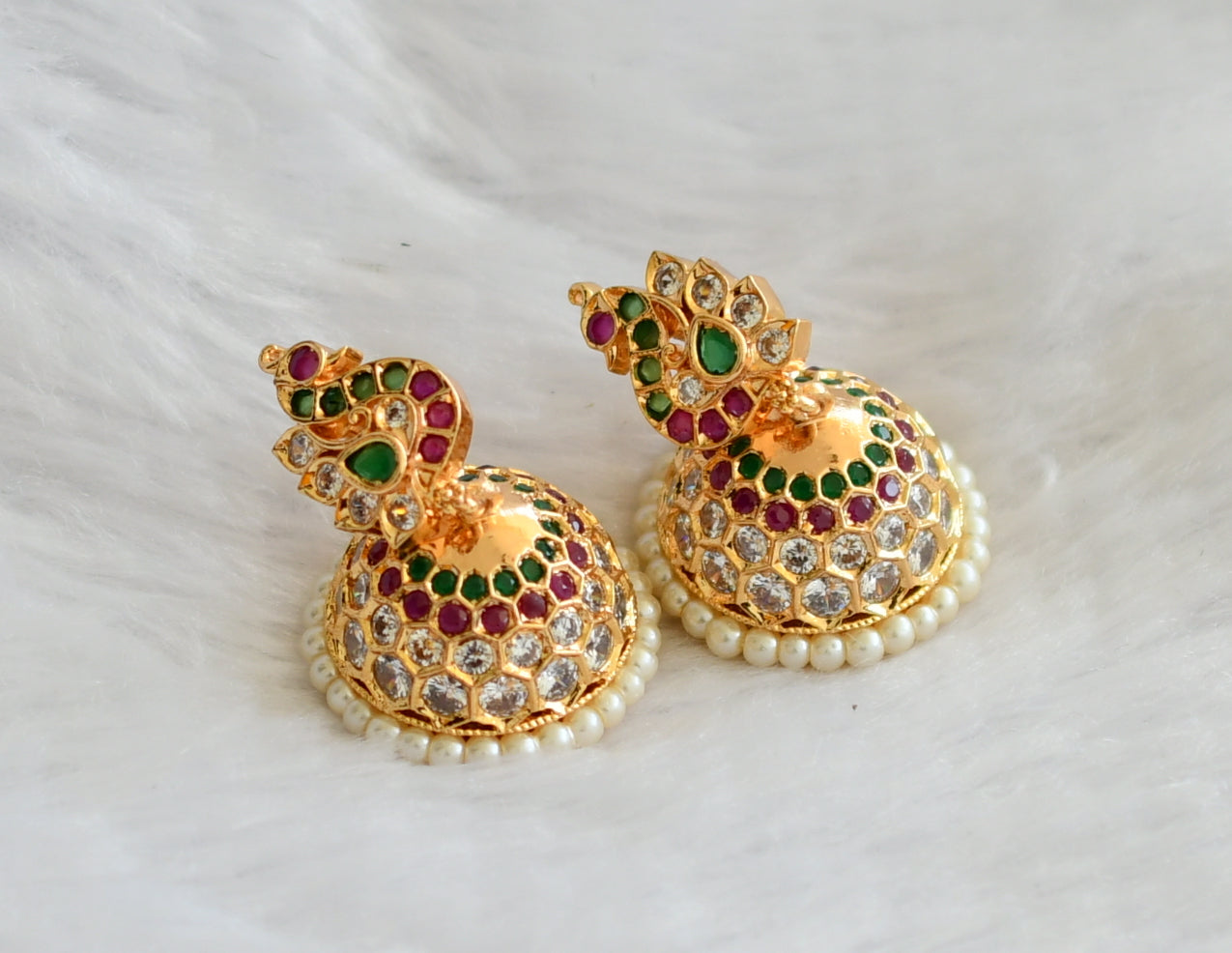 Gold tone ad ruby-green-white peacock jhumkka dj-46475