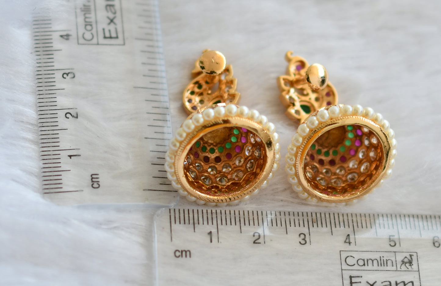 Gold tone ad ruby-green-white peacock jhumkka dj-46475