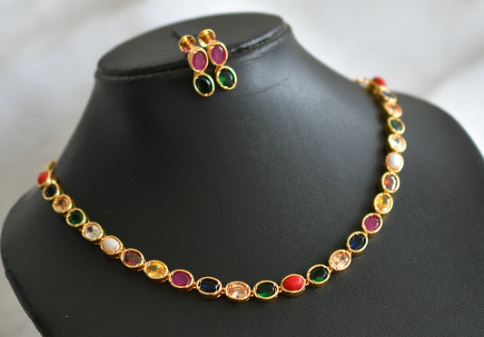 Gold tone navarathna oval stone necklace set dj-44679