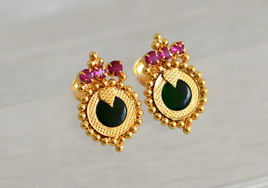 Gold tone kerala style pink-green round earrings dj-42899