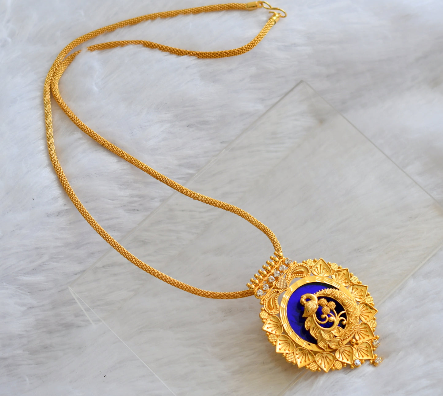 Gold tone kerala style 24 inches chain with white-blue peacock pendant dj-46479
