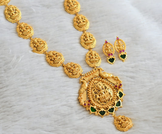 Gold tone pink-green palakka lakshmi peacock haar set dj-48061