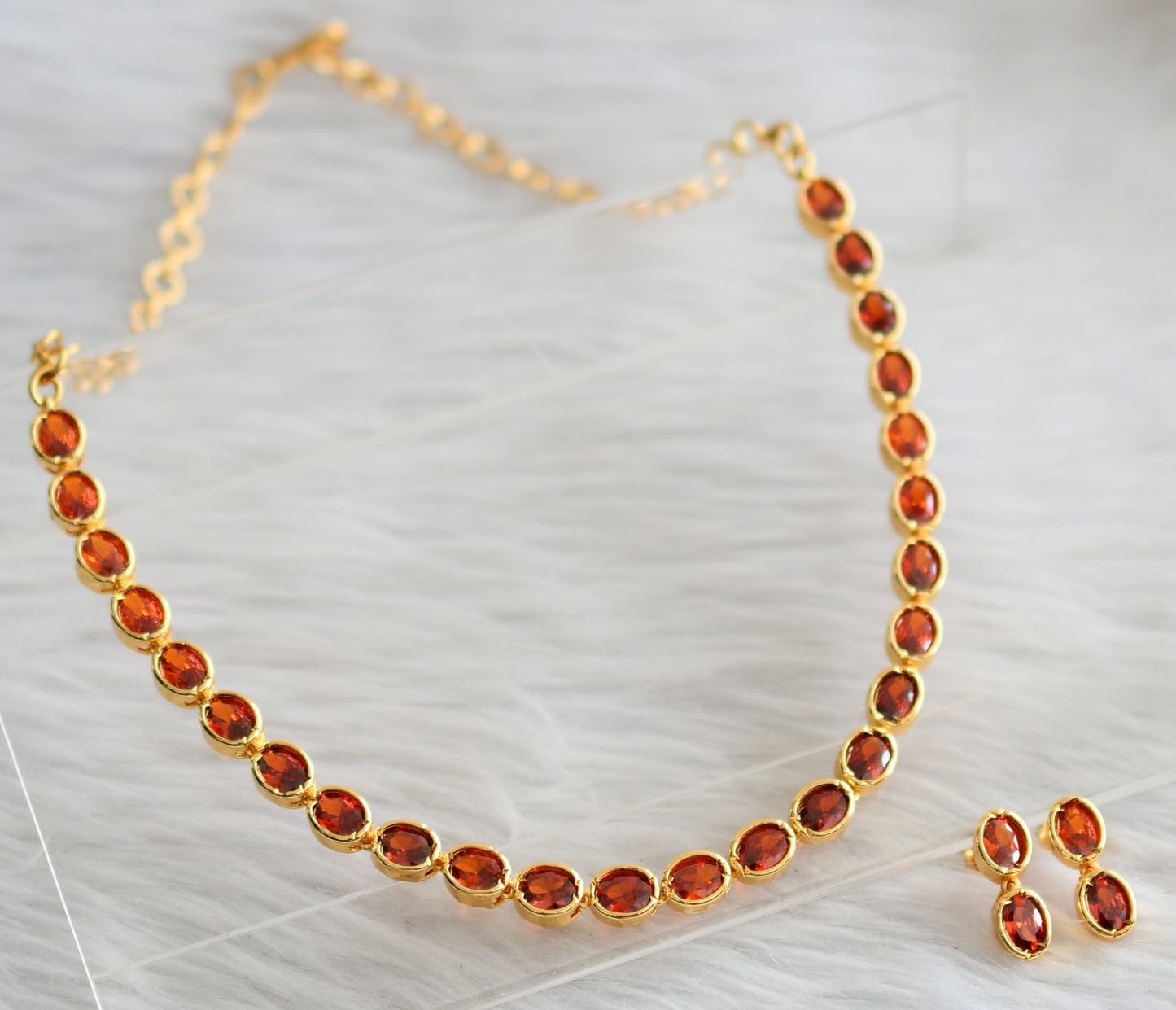 Gold tone brown oval stone necklace set dj-44684