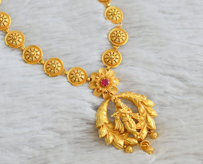 Matte gold tone ruby krishna flower necklace dj-48062