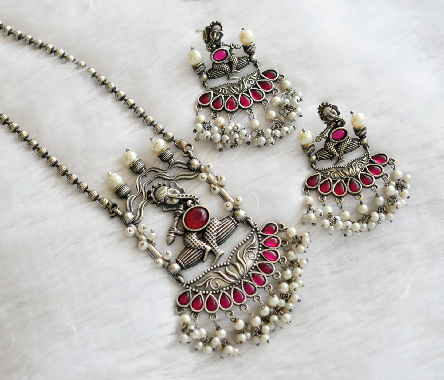 Silver tone pink-pearl ganesha haar set dj-46466