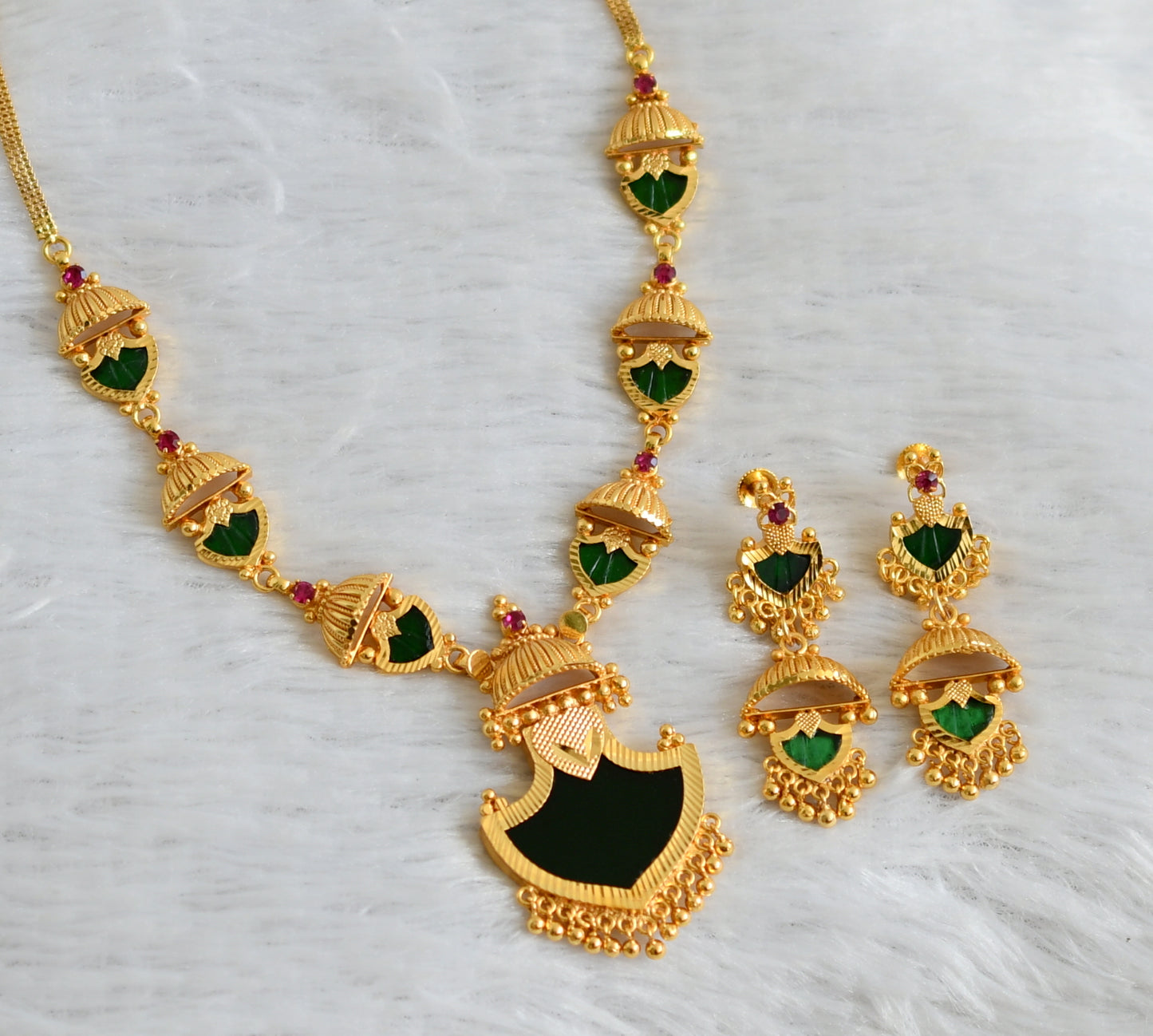 Gold tone pink-green palakka kerala style necklace set dj-48059