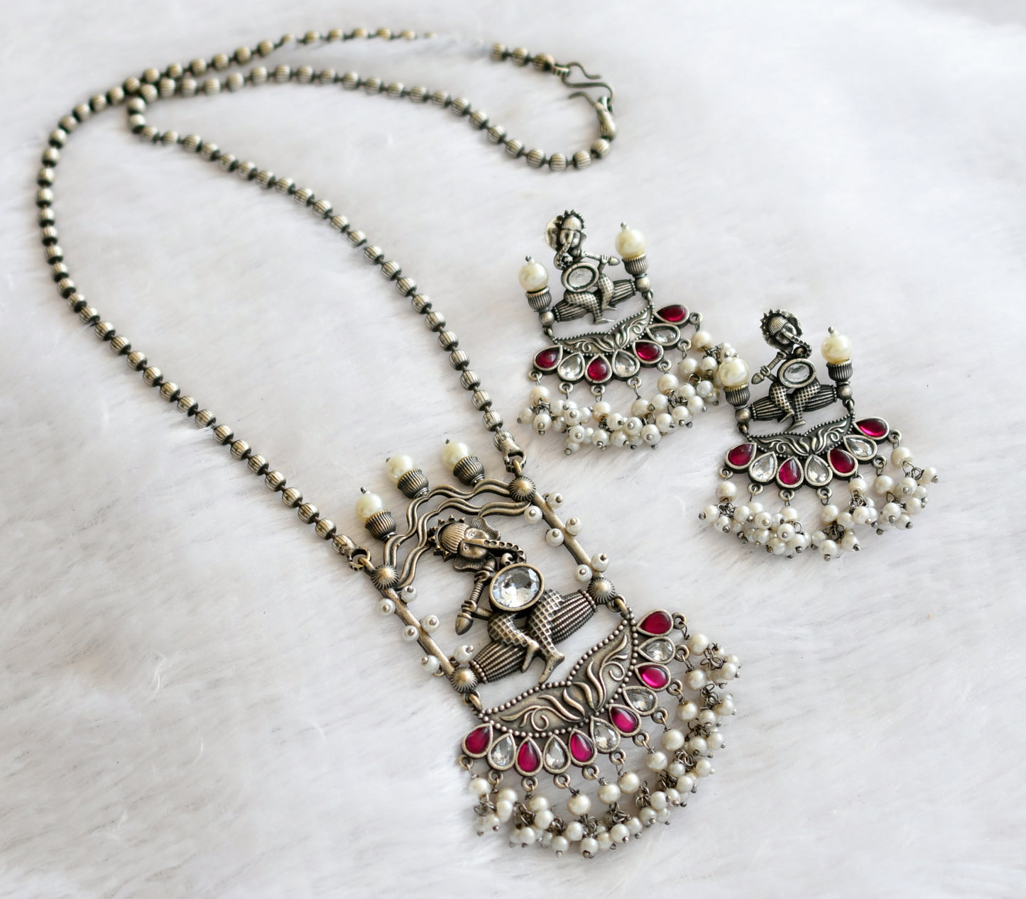 Silver tone kemp-white-pearl ganesha haar set dj-46460