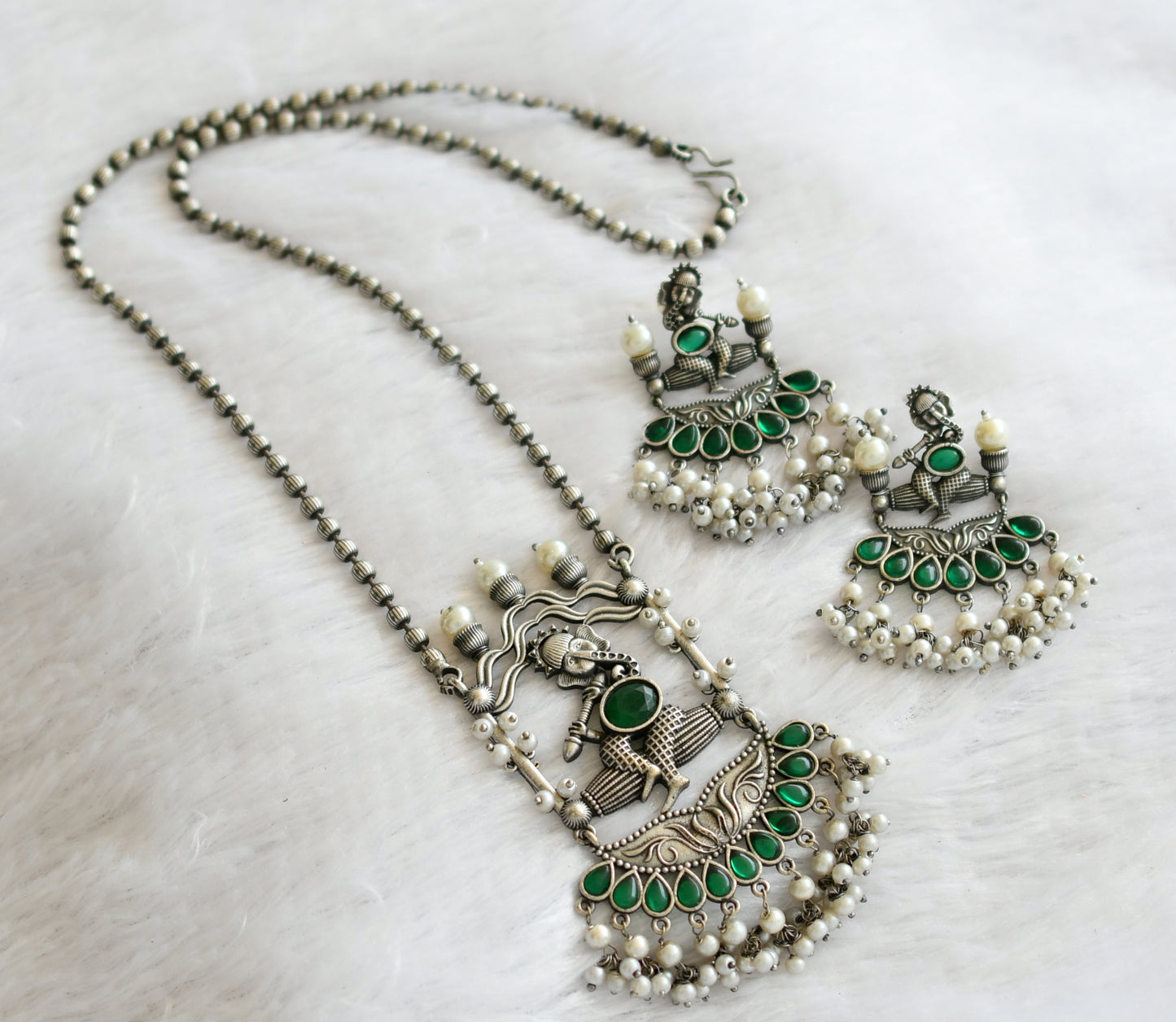 Silver tone green-pearl ganesha haar set dj-46464