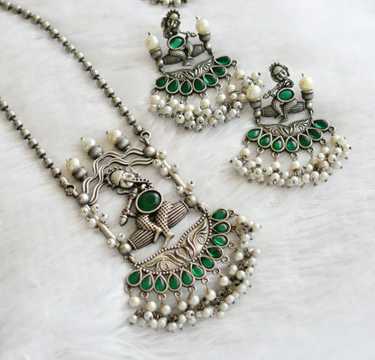 Silver tone green-pearl ganesha haar set dj-46464