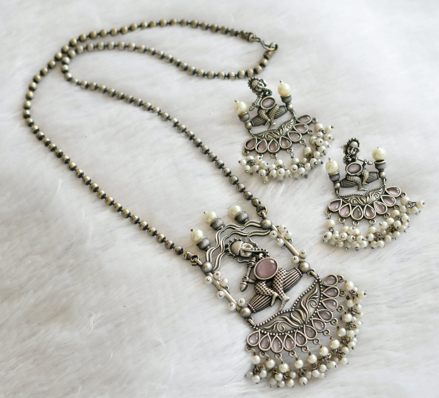 Silver tone baby pink-pearl ganesha haar set dj-46463