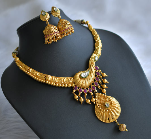 Matte finish ruby uncut kundan necklace set dj-15977