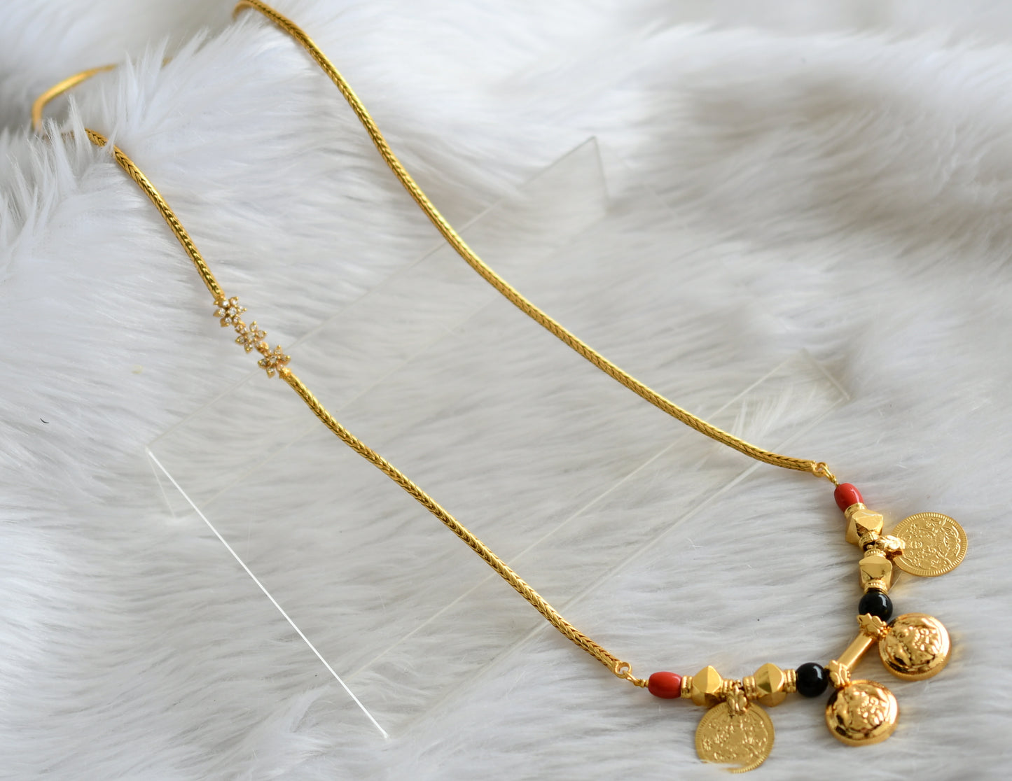 Gold tone 24 inches white flower mugappu with coral-black beads lakshmi coin mangalyam dj-44668