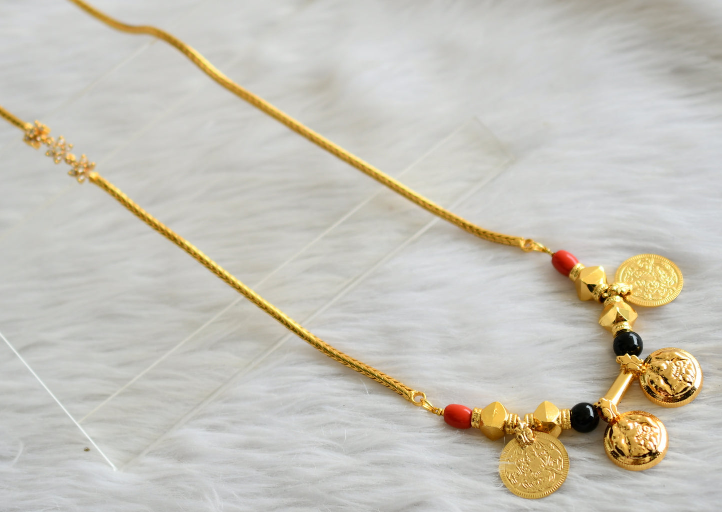 Gold tone 24 inches white flower mugappu with coral-black beads lakshmi coin mangalyam dj-44668