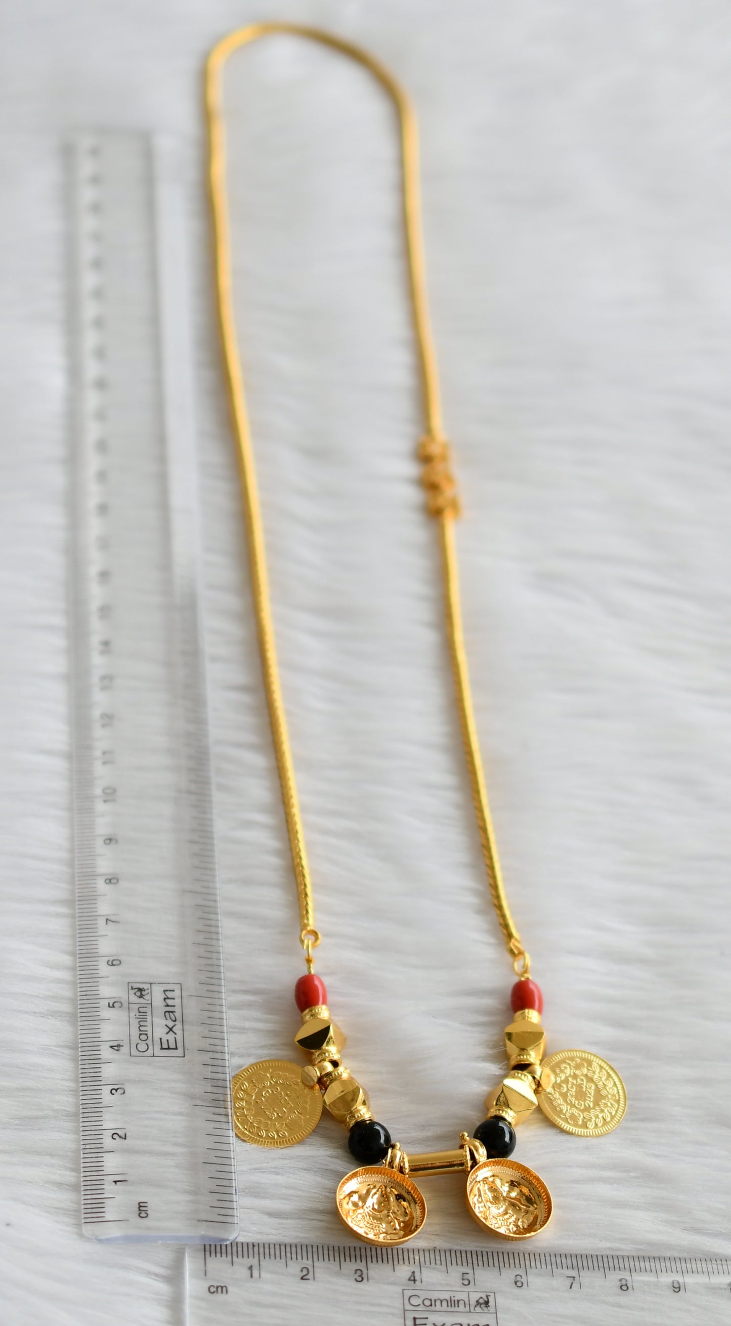 Gold tone 24 inches white flower mugappu with coral-black beads lakshmi coin mangalyam dj-44668