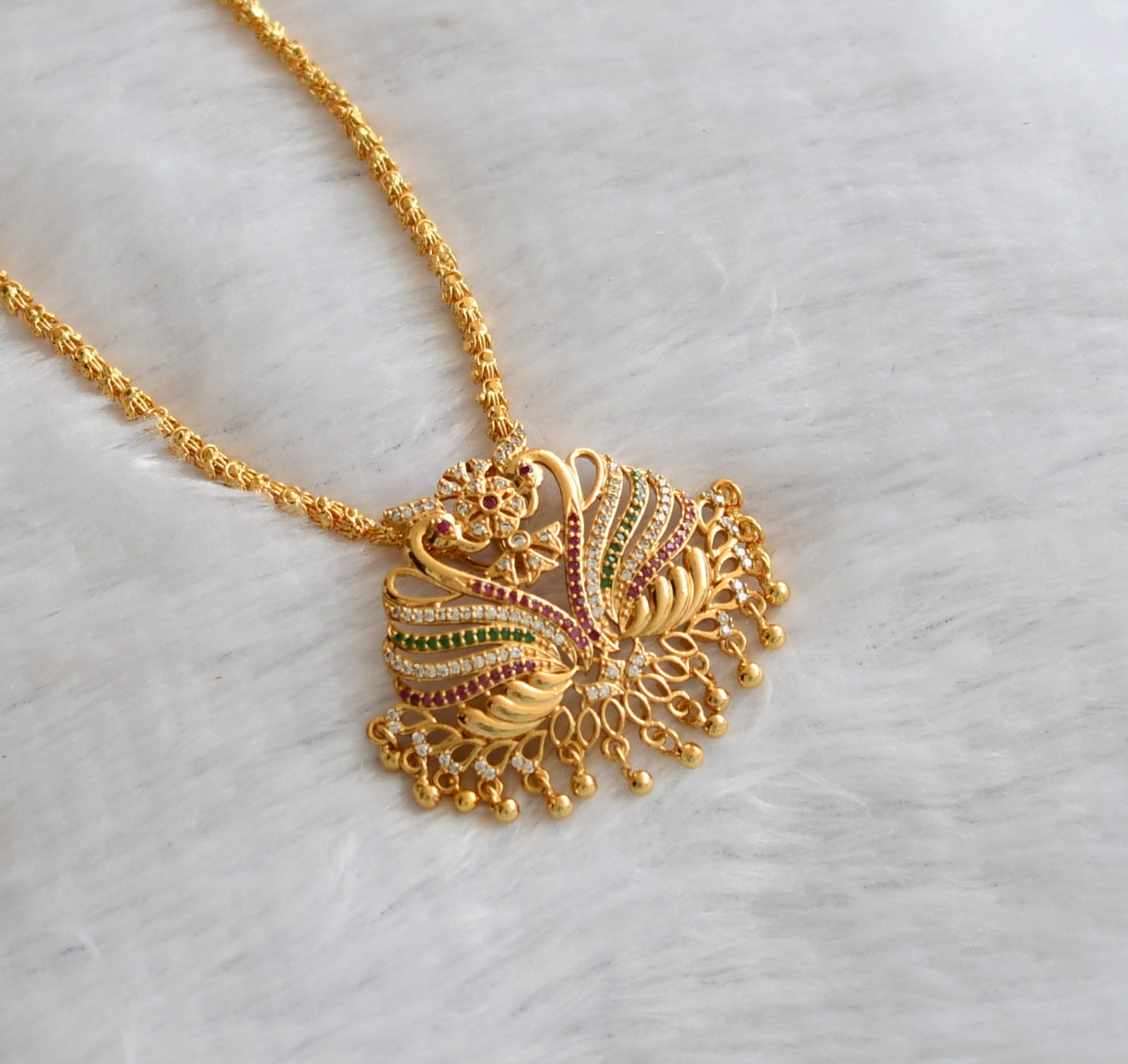 Gold tone ruby-emerald-white swan south Indian pendant with chain dj-38796