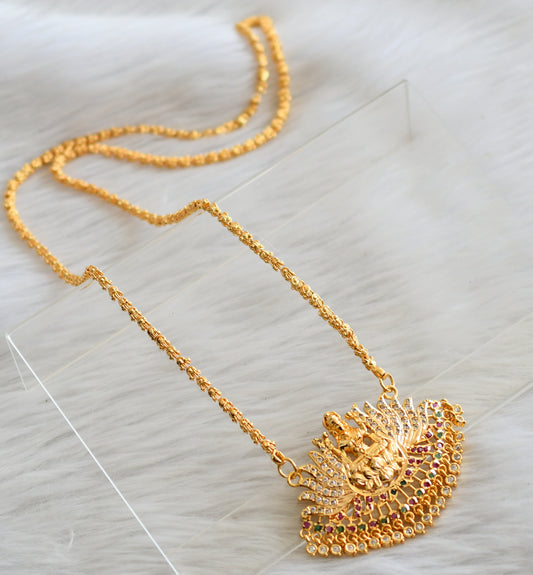 Gold tone ruby-green-white south indian lakshmi lotus pendant with chain dj-44693