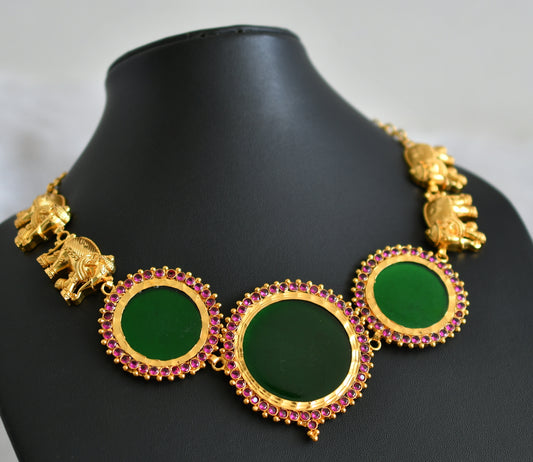 Gold tone kerala style ad pink-green round elephant choker dj-48064