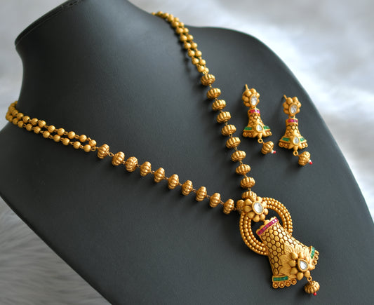 Matte finish ruby-emerald kundan beaded necklace set dj-12105