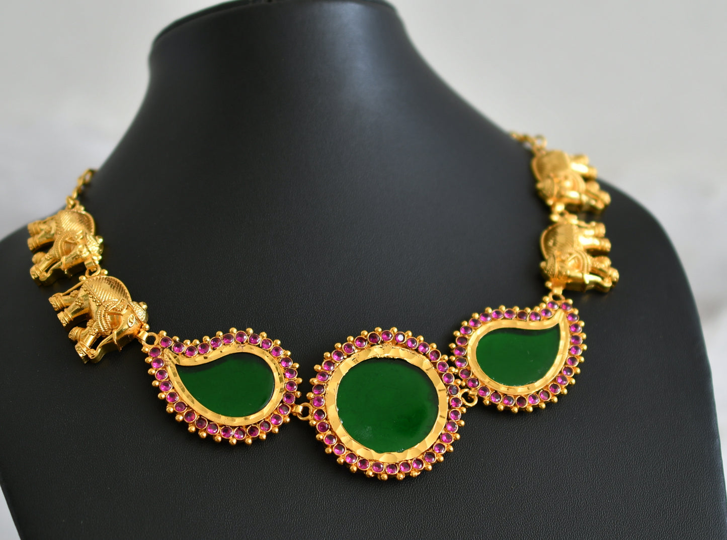 Gold tone kerala style ad pink-green round mango elephant choker dj-48063