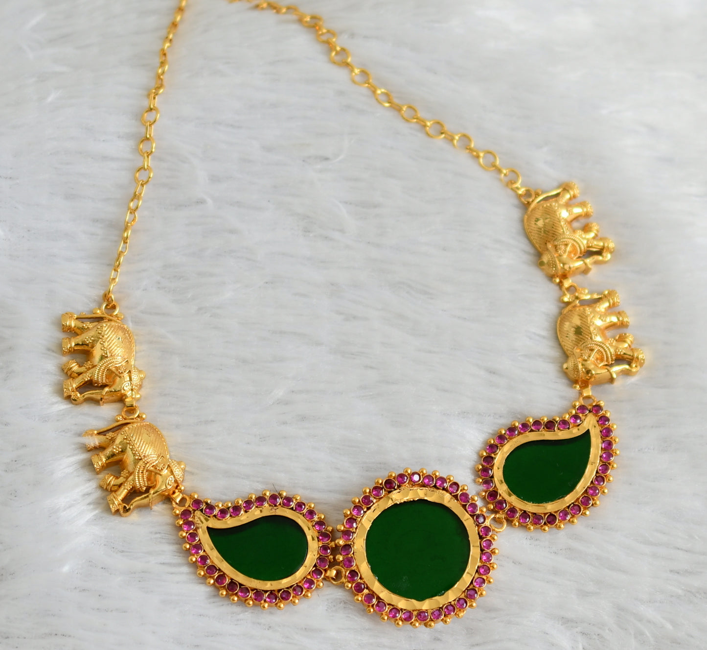 Gold tone kerala style ad pink-green round mango elephant choker dj-48063