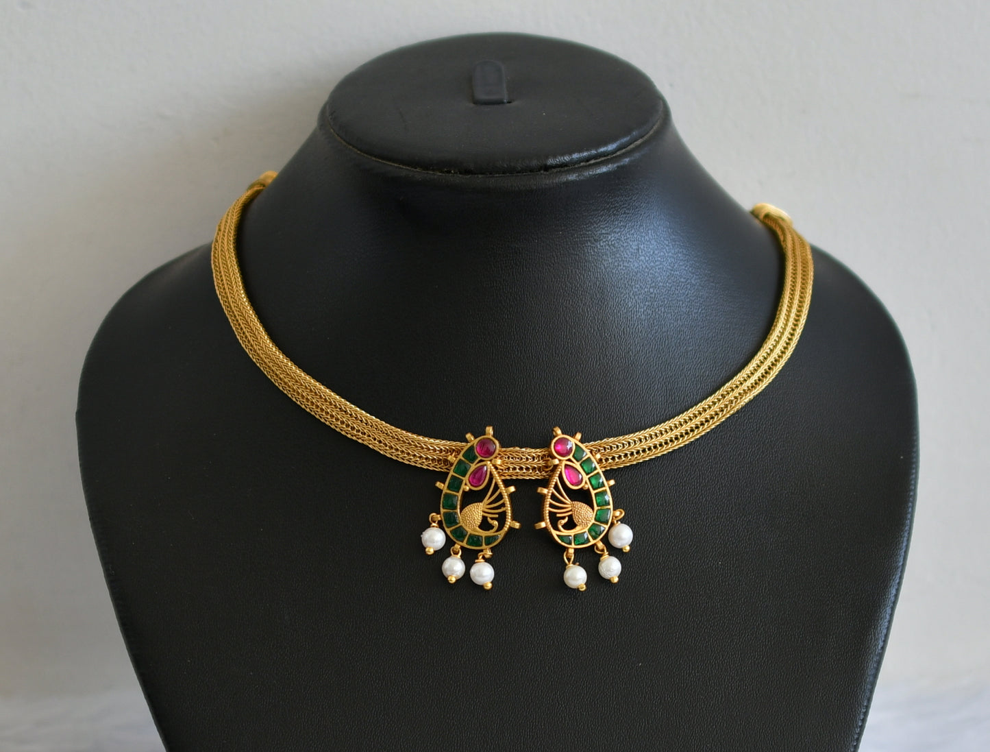 Matte finish pink-green-white kundan jadau peacock necklace dj-50112