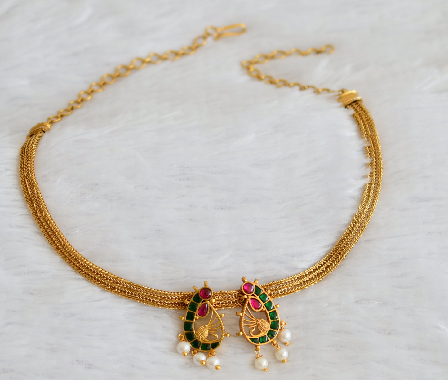 Matte finish pink-green-white kundan jadau peacock necklace dj-50112