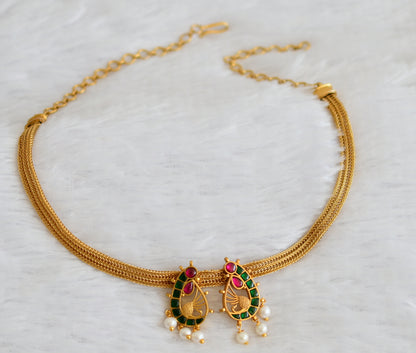 Matte finish pink-green-white kundan jadau peacock necklace dj-50112