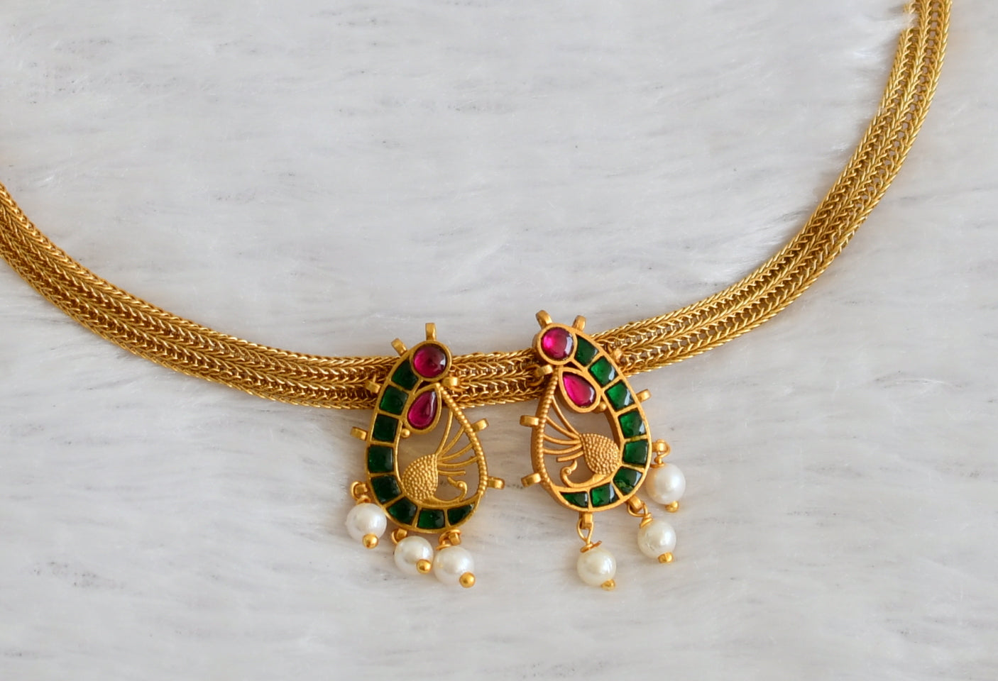 Matte finish pink-green-white kundan jadau peacock necklace dj-50112