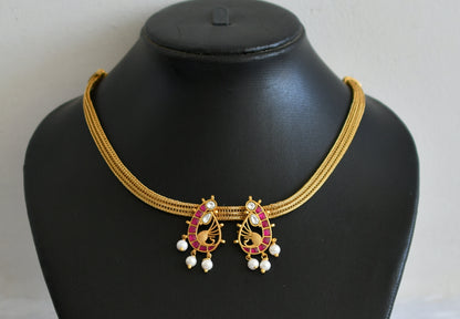 Matte finish pink-white kundan jadau peacock necklace dj-50111