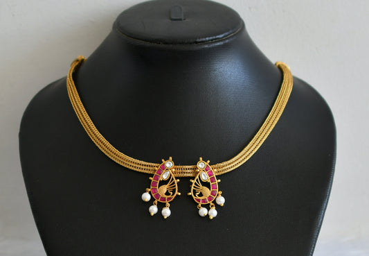 Matte finish pink-white kundan jadau peacock necklace dj-50111