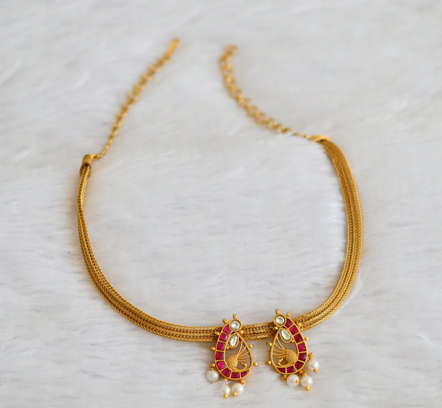 Matte finish pink-white kundan jadau peacock necklace dj-50111