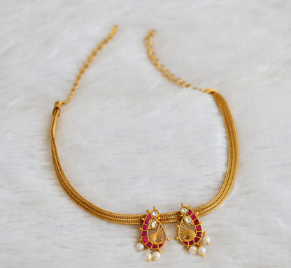 Matte finish pink-white kundan jadau peacock necklace dj-50111