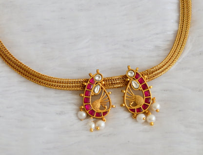 Matte finish pink-white kundan jadau peacock necklace dj-50111