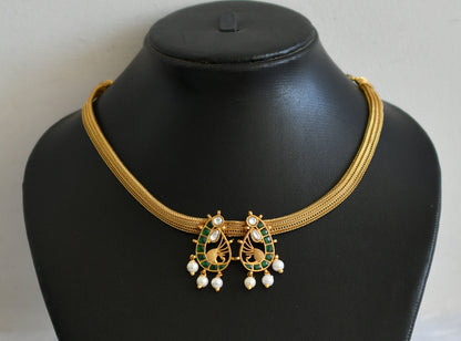 Matte finish green-white kundan jadau peacock necklace dj-50109