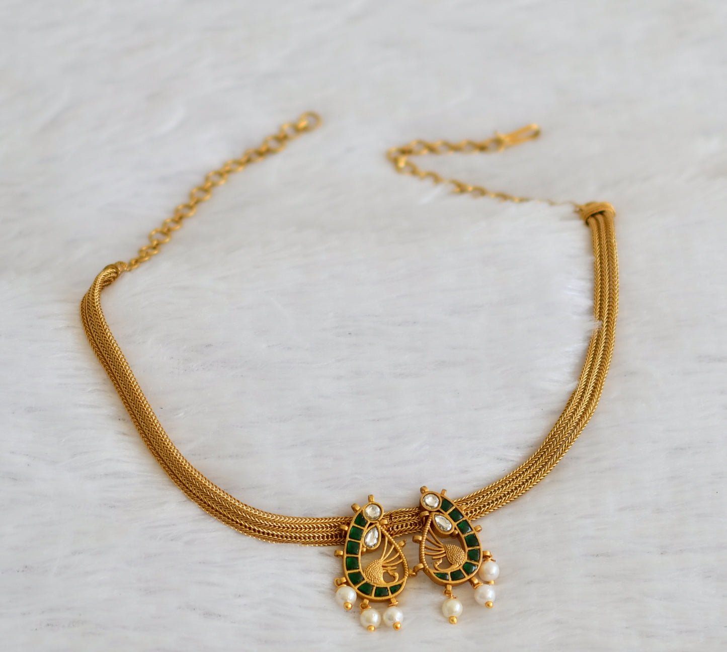 Matte finish green-white kundan jadau peacock necklace dj-50109