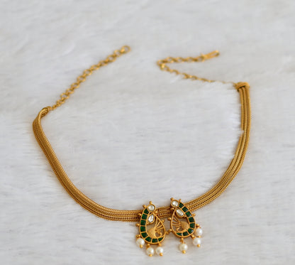 Matte finish green-white kundan jadau peacock necklace dj-50109