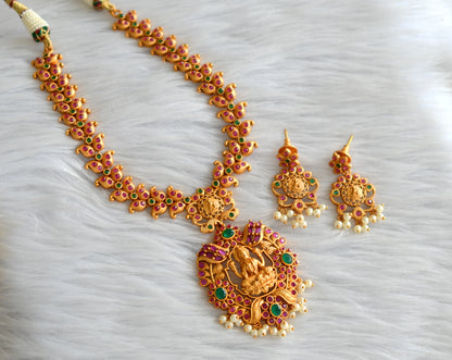 Matte finish ruby-emerald lakshmi mango necklace set dj-14646