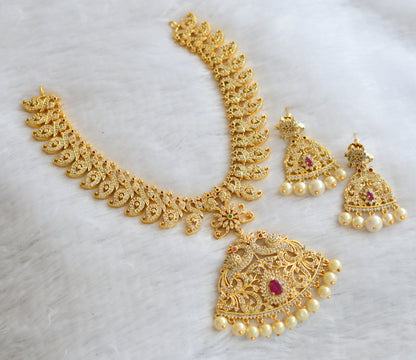Gold tone cz white-ruby-green pearl peacock necklace set dj-46488