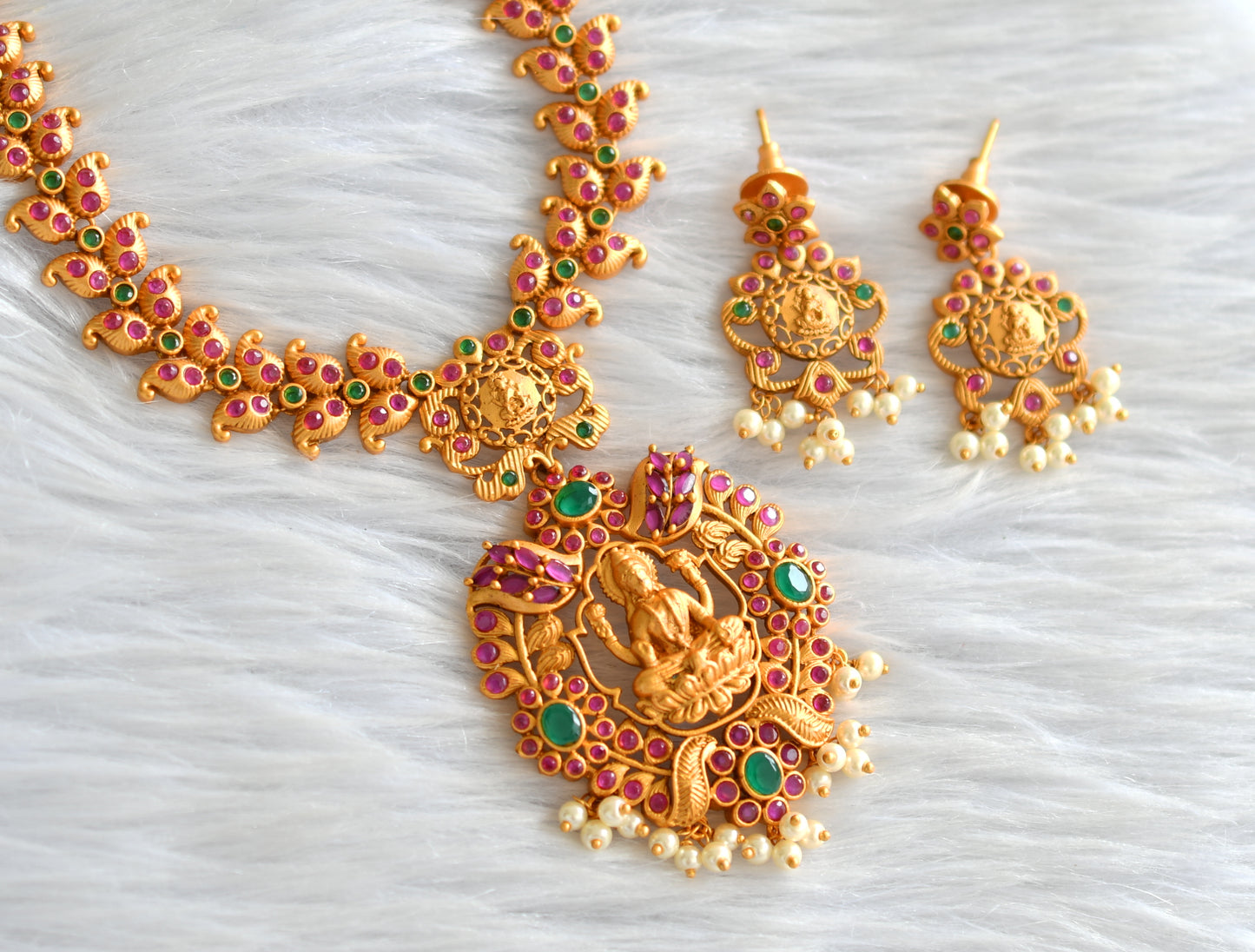 Matte finish ruby-emerald lakshmi mango necklace set dj-14646