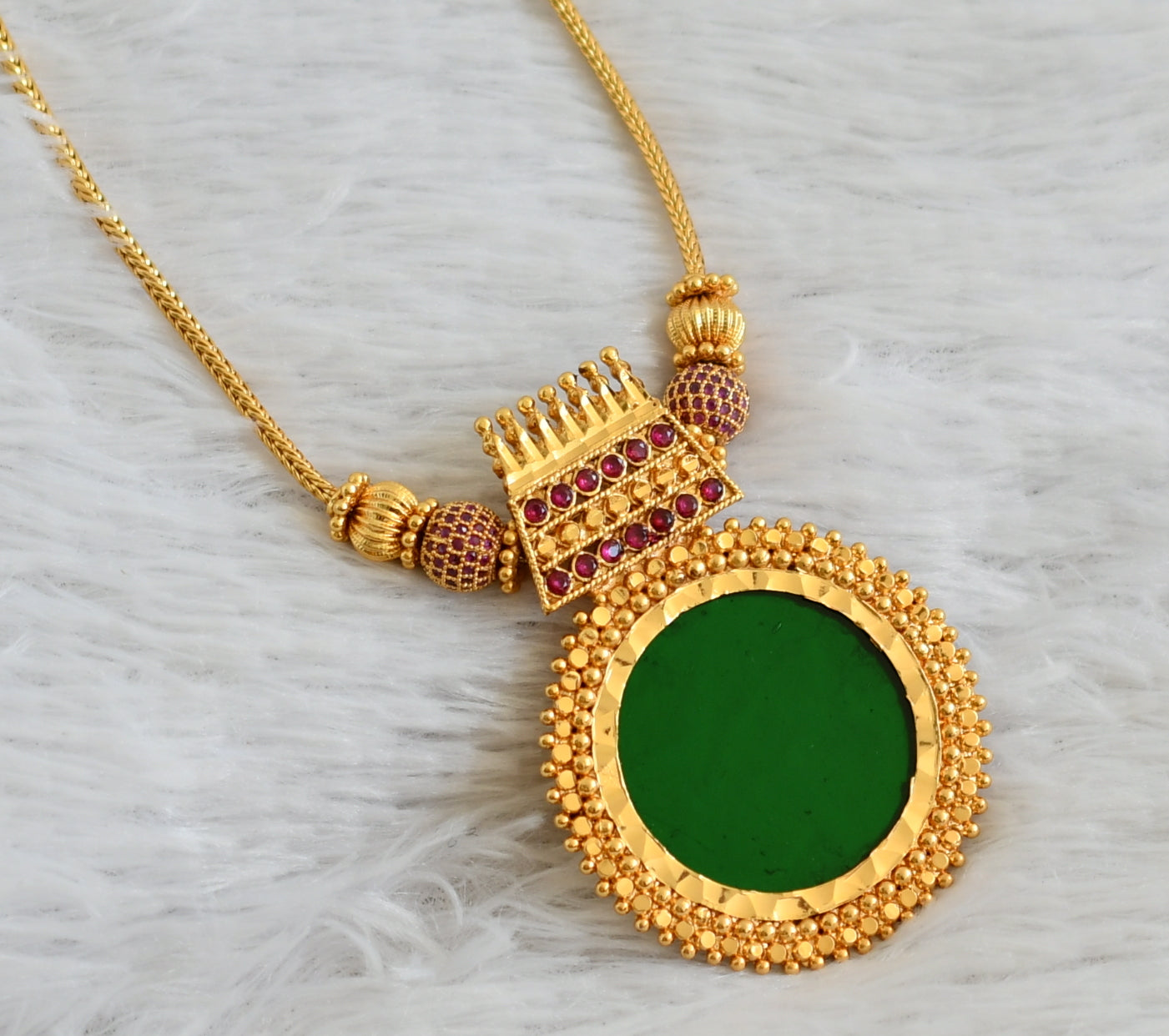 Gold tone kerala style ruby stone ball pink-green round kodi necklace dj-48074