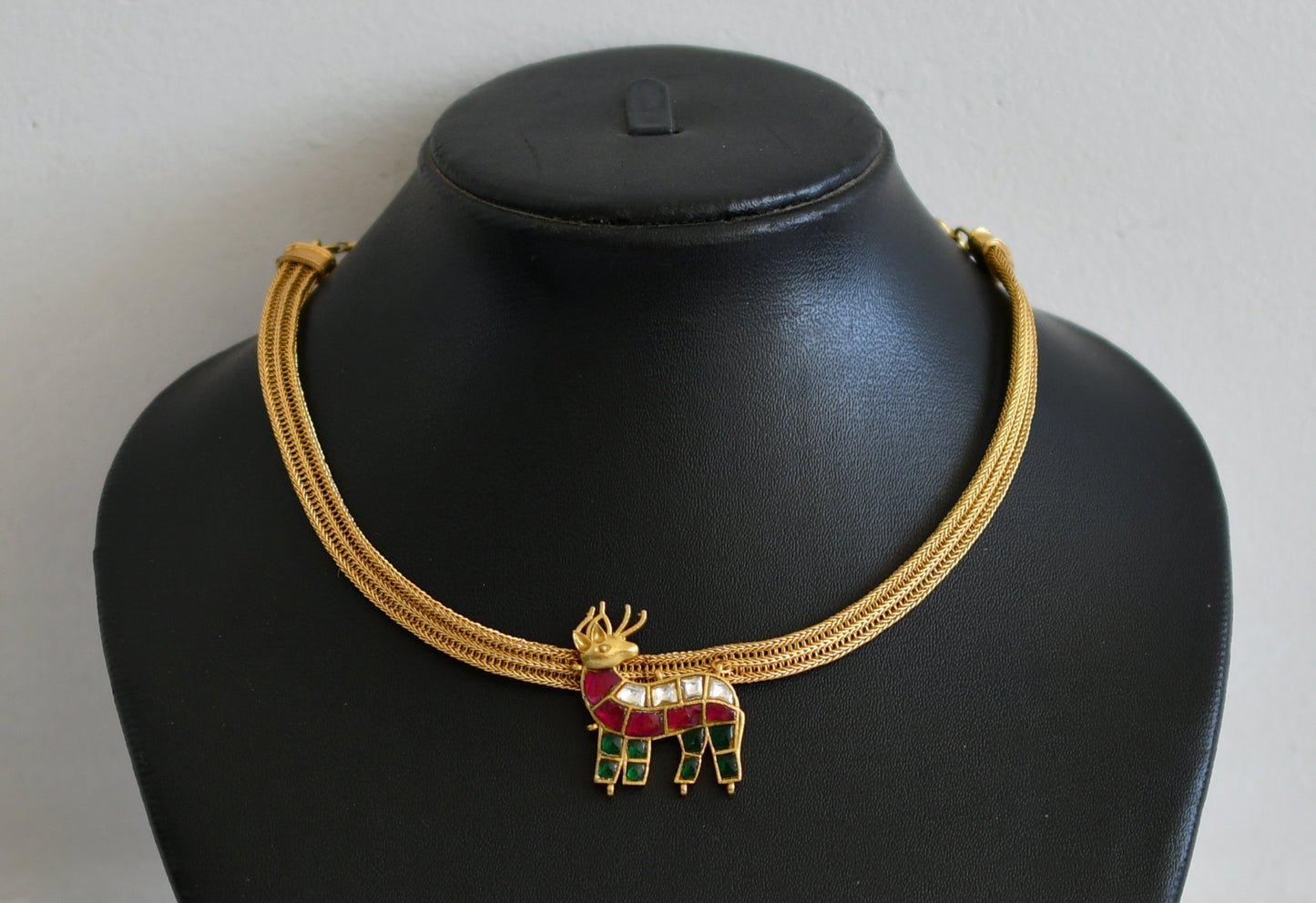 Matte finish pink-green-white kundan jadau deer necklace dj-50105