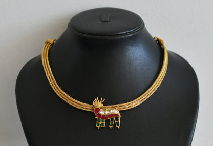 Matte finish pink-green-white kundan jadau deer necklace dj-50105