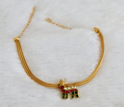 Matte finish pink-green-white kundan jadau deer necklace dj-50105